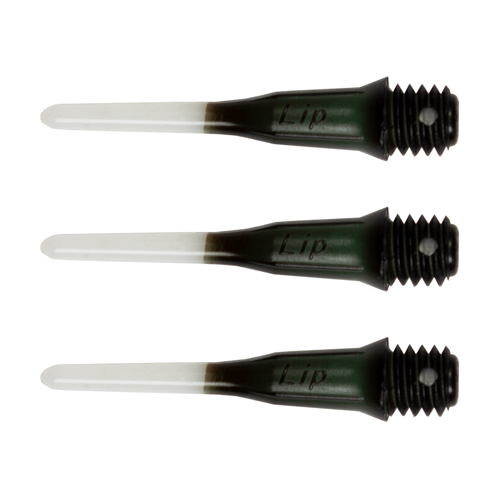 Das Bild zeigt drei zweifarbige, kurze Spitzen für Softdarts mit dem Aufdruck "Lip". Die Spitzen sind schwarz und weiß und haben ein Schraubgewinde am Ende.
